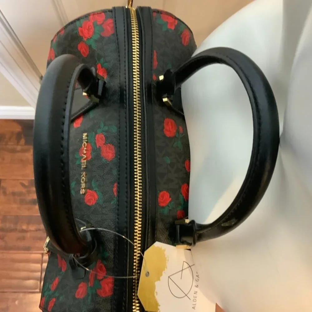 Michael Kors Hayes Black Red Rose Pebbled Leather Satchel MK